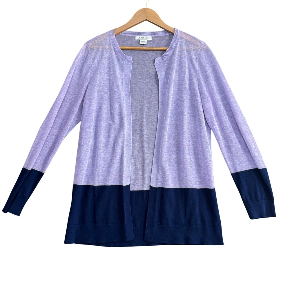LIZ CLAIBORNE Women's Large‎ Lightweight Cardigan Purple Navy Colorblock Sweater